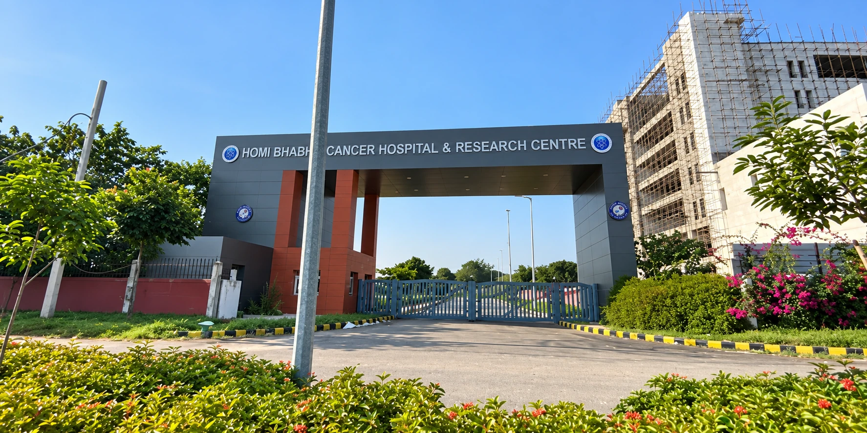 AI-enhanced Homi Bhabha Cancer Hospital entrance and surrounding neighbourhood