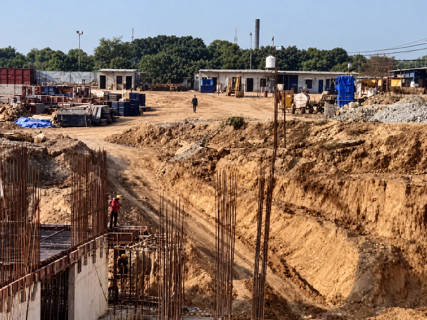AI-enhanced construction image showing excavation, reinforcement and site cabins