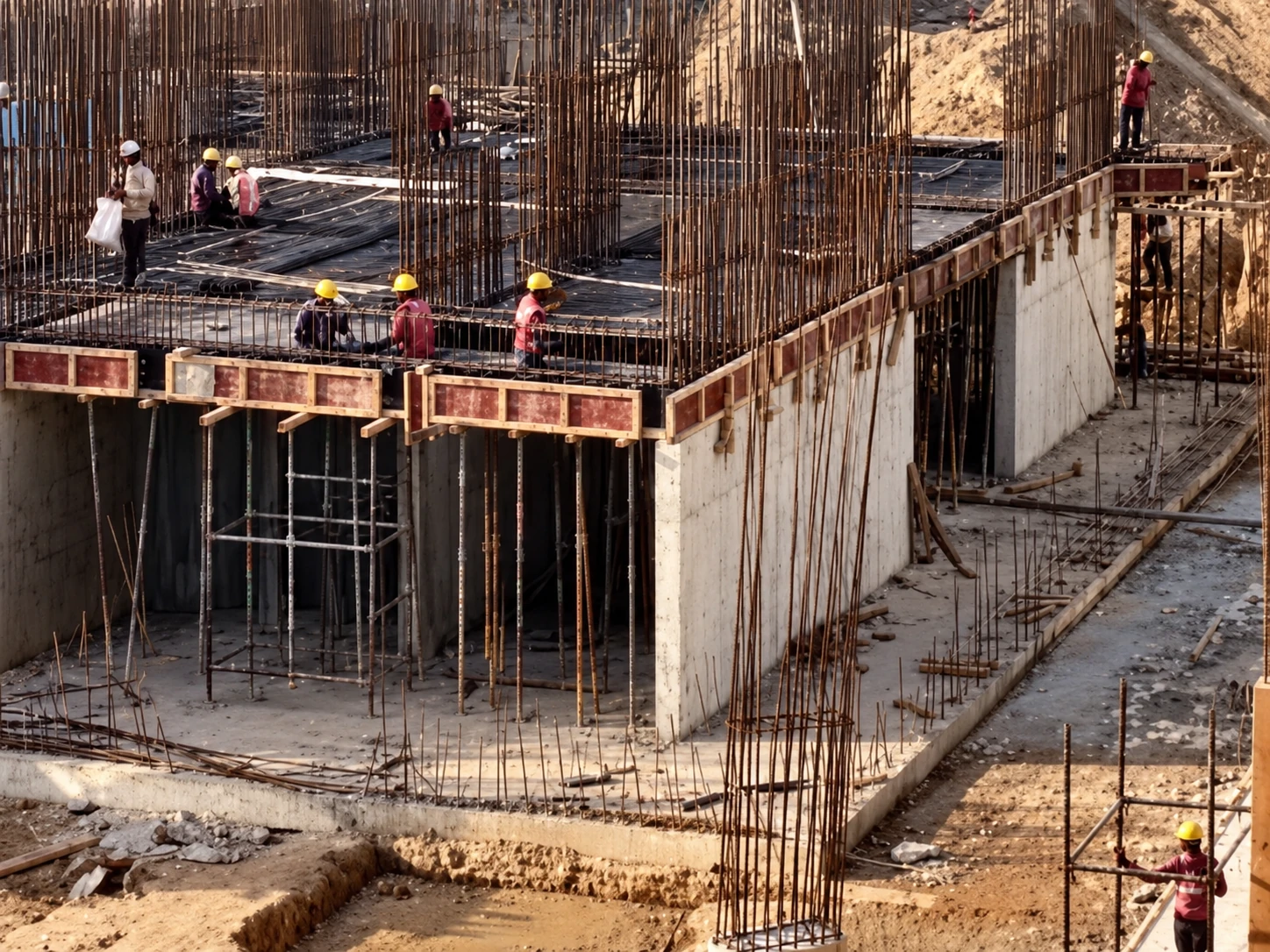 AI-enhanced construction image showing basement walls, formwork and reinforcement