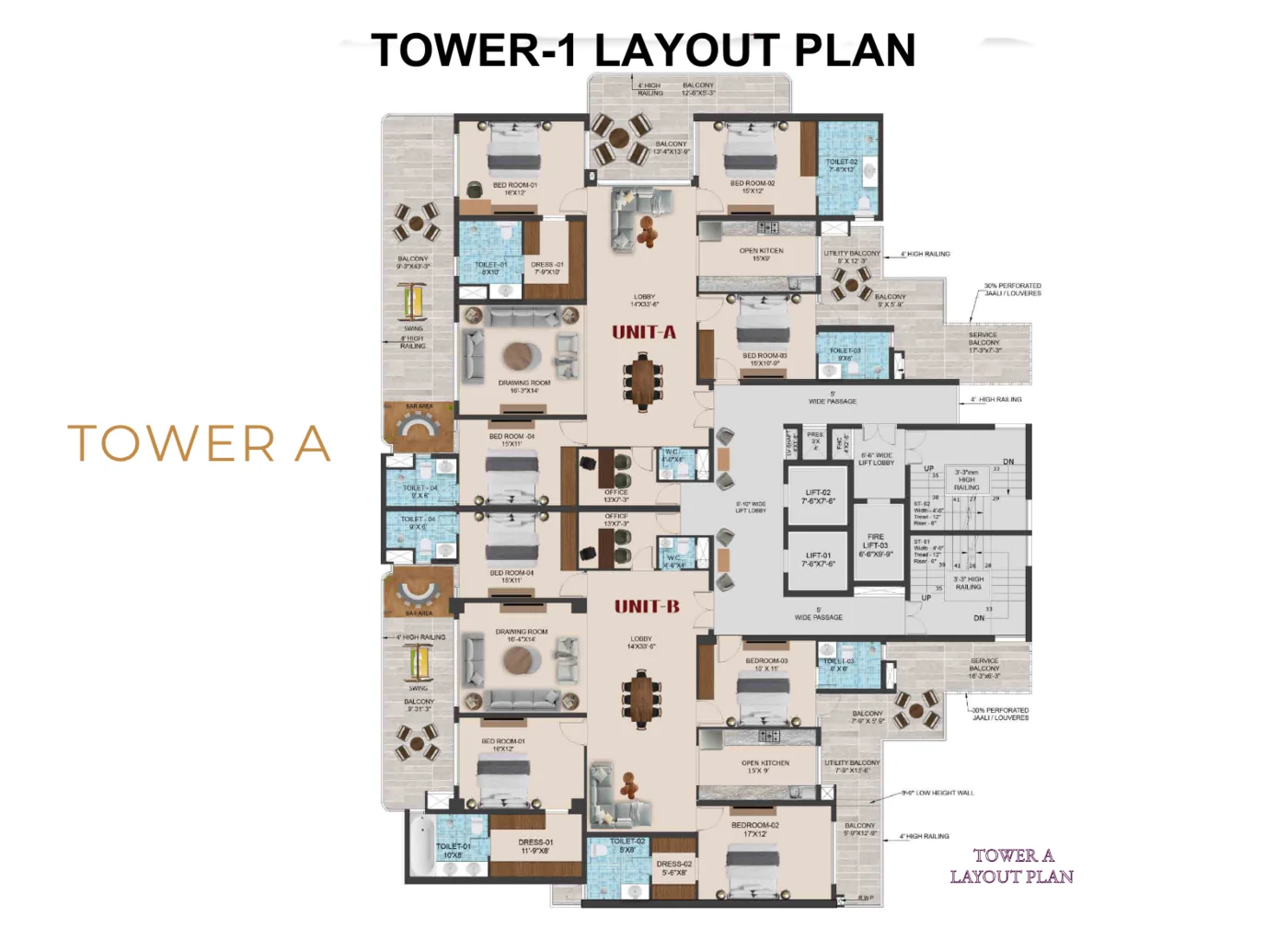 Tower 1 (Tower A) typical floor layout plan at The Tiara New Chandigarh