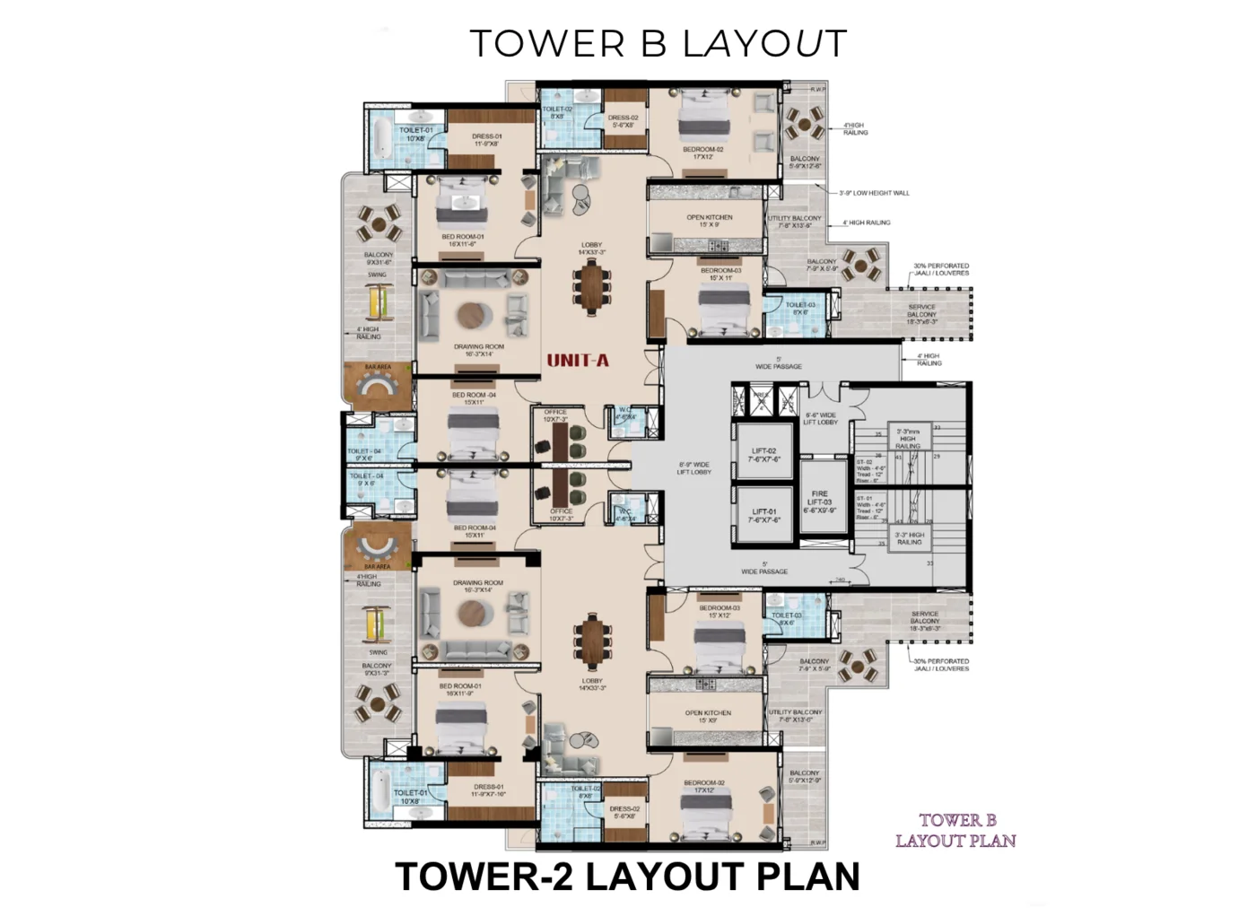 Tower 2 (Tower B) typical floor layout plan at The Tiara New Chandigarh