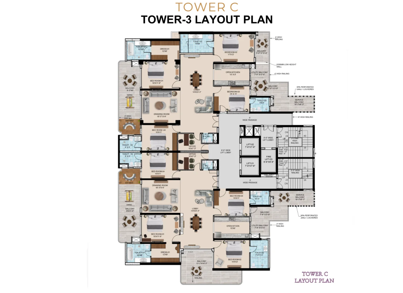 Tower 3 (Tower C) typical floor layout plan at The Tiara New Chandigarh