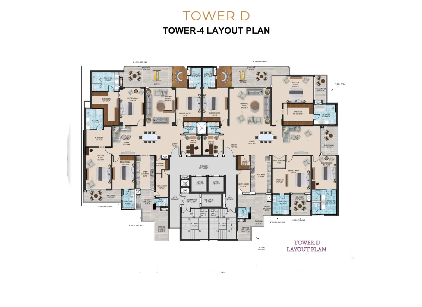 Tower 4 (Tower D) typical floor layout plan at The Tiara New Chandigarh