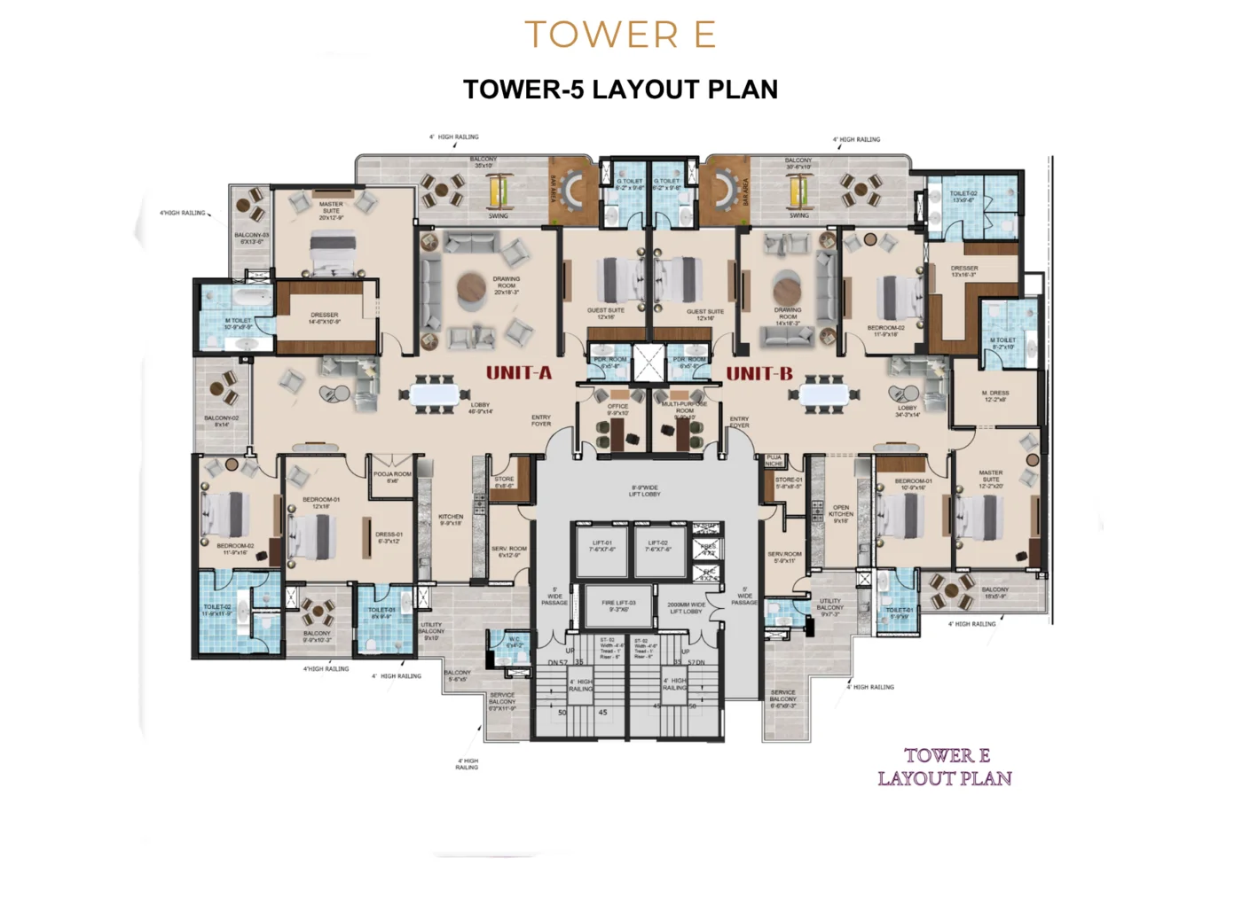 Tower 5 (Tower E) typical floor layout plan at The Tiara New Chandigarh