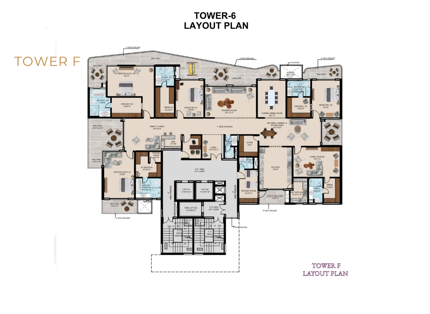 Tower 6 (Tower F) typical floor layout plan at The Tiara New Chandigarh